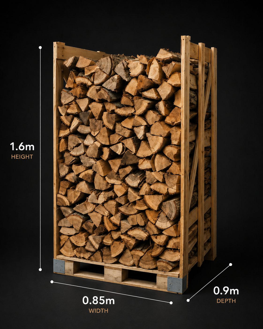 The Black Stag Stack showing dimensions: 1.6m height, 0.85m width, 0.9m depth